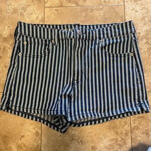 American Eagle blue and white striped high waisted shorts
